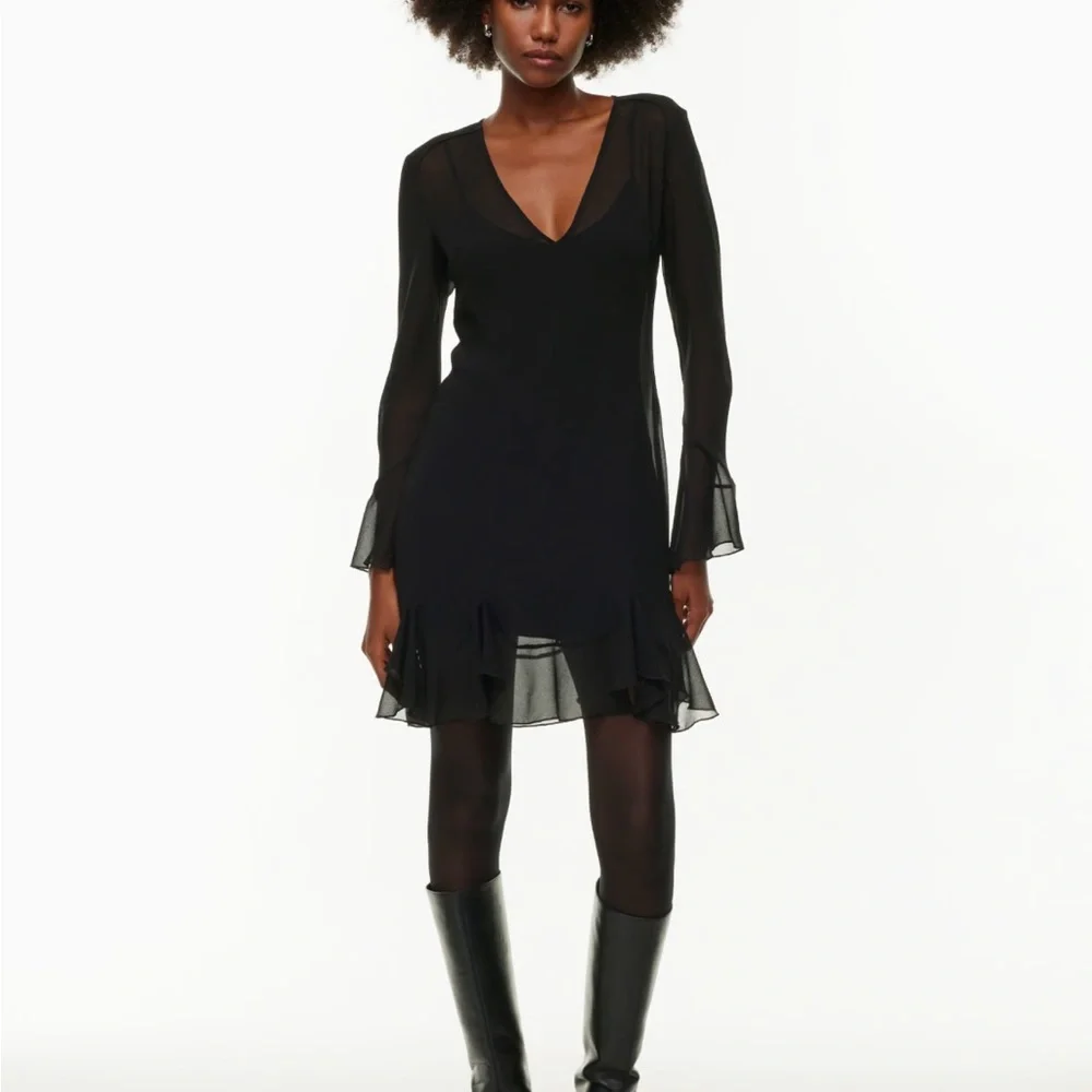 knee length dresses for ladies Aritzia Contour Black Long Sleeve Square Neck Mini Dress   famousbrandstrading